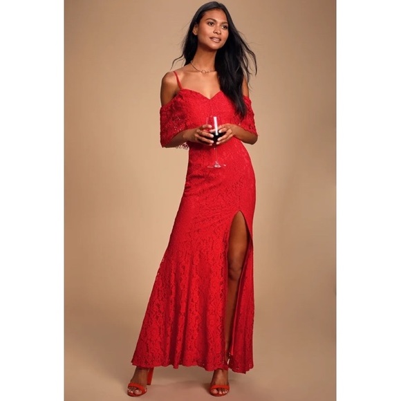 Lulus Caterina Red Lace Off-the-Shoulder Maxi